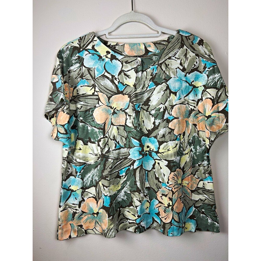 Vintage Multicolor Floral Short Sleeve Blouse M/L Regular Round Neck Button